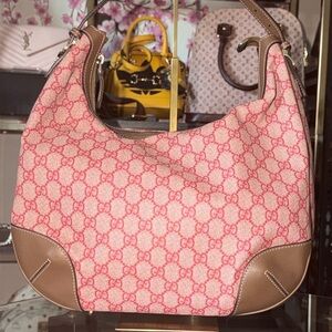 Gucci Pink Monogram Crescent Shoulder Bag with Brown Trim